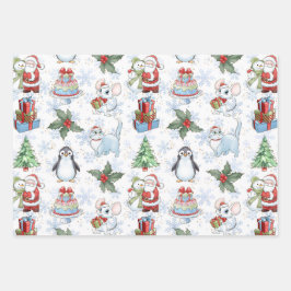 Santa Snowman Cat Penguin Wrapping Paper Geschenkpapier Set