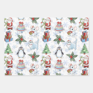 Santa Snowman Cat Penguin Wrapping Paper Geschenkpapier Set