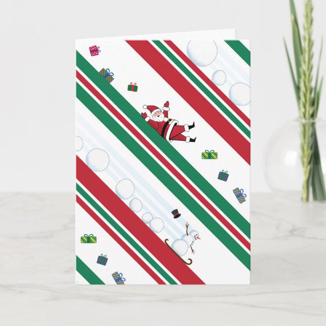 Santa & Snowman Christmas Stripes Karte (Vorderseite)