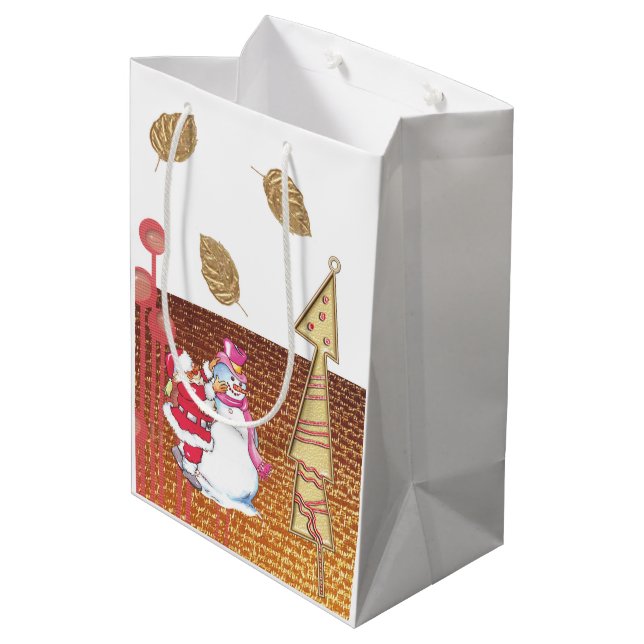 Santa Snowman Frohe Weihnachtsgeschenktaschen Mittlere Geschenktüte (Rückseite Schrägansicht)