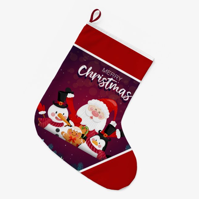 Santa ,Snowman Pinguin große Weihnachtsfeier Strum Großer Weihnachtsstrumpf (Vorderansicht (hängend))