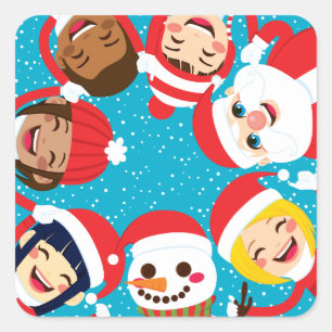 Santa Snowman und Kinder, die Hände halten Quadratischer Aufkleber