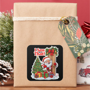 Santa späht hinter Tür Schwarz Hintergrund Quadratischer Aufkleber