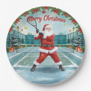 Santa spielt Tennis Frohe Weihnachten Thema Pappteller
