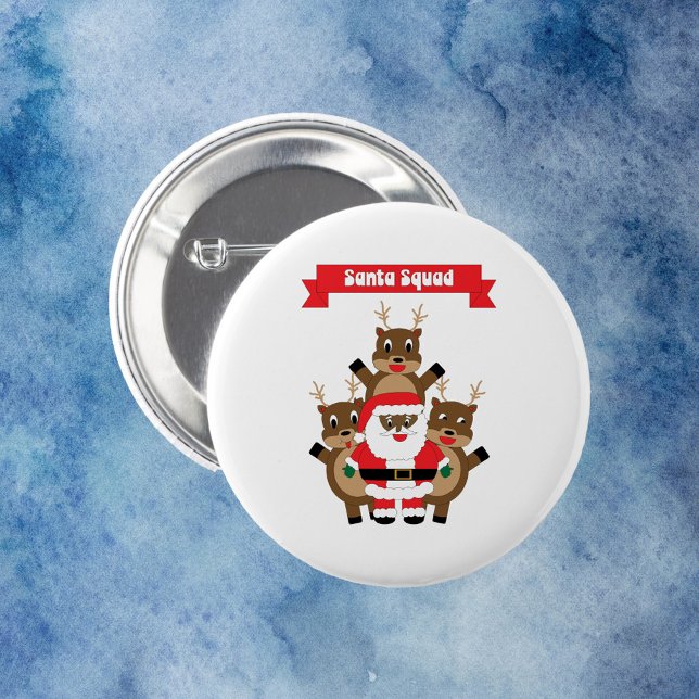 Santa Squad Funny Reindeer Black Santa Claus Button (A pin back button with a black Santa hanging out with his reindeer & a banner that reads Santa Squad)