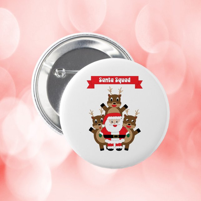Santa Squad Funny Reindeer Button (A pin back button with a funny picture of Santa and his reindeer and a banner that says Santa Squad.)