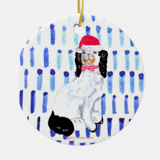 Santa Staffordshire Hund auf blauer Keramik Orname Ornament