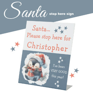 Santa Stopp hier geben den Namen niedlich Pinguin Sockelschild