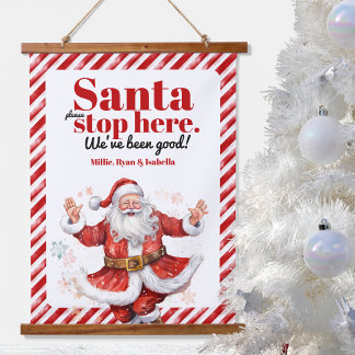 Santa Stopp hier Modernes Weißes Strip Weihnachten Wandteppich Mit Holzrahmen