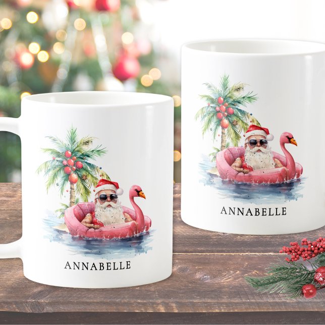 Santa-Strand-Weihnachten Kaffeetasse (Funny Santa Flamingo Tropical Beach Christmas Coffee Mug)