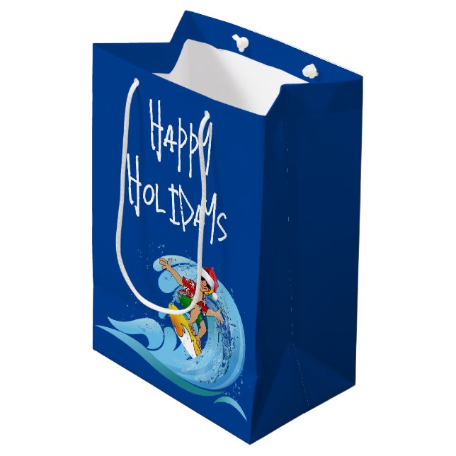 Santa Surfer on Wave Mittlere Geschenktüte (Vorderseite Schrägansicht)