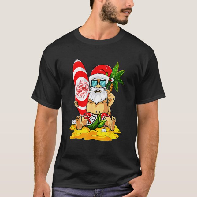 Santa Surfing Sommerurlaub Hawaiianische Weihnacht T-Shirt (Vorderseite)