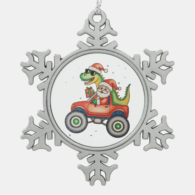 Santa T Rex Dinosaurier Monster Truck Weihnachten  Schneeflocken Zinn-Ornament (Vorderseite)