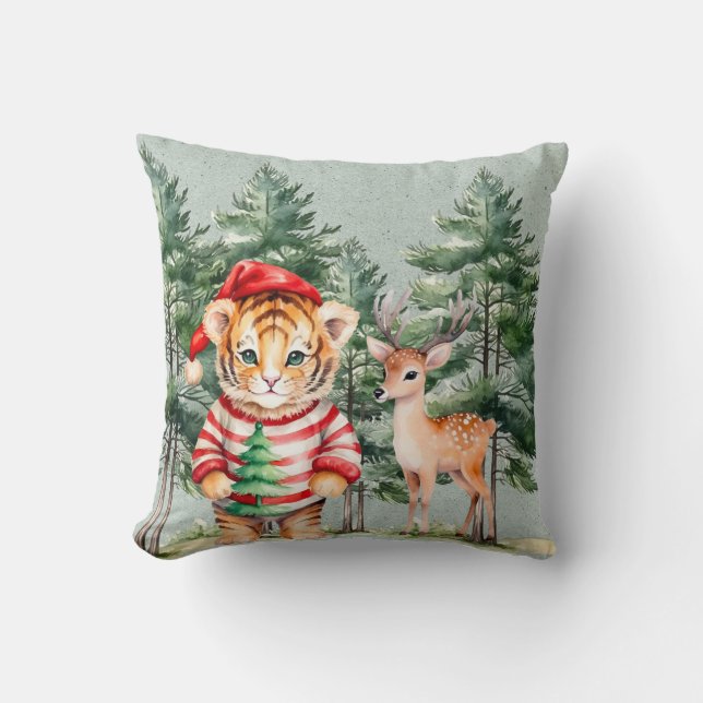 Santa Tiger und ein Hirschbaum Weihnachten Kissen (Vorderseite)