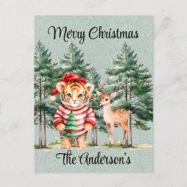 Santa Tiger und ein Hirschbaum Weihnachten Postkarte