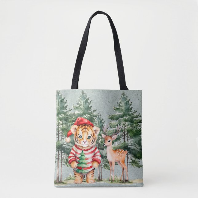 Santa Tiger und ein Hirschbaum Weihnachten Tasche (Vorderseite)