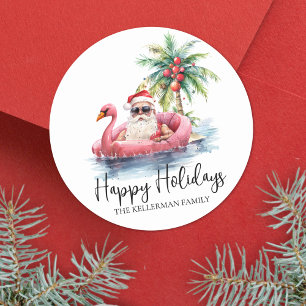 Santa Tropical Beach Frohe Ferien Weihnachten Runder Aufkleber