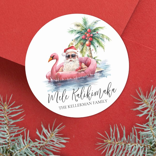Santa Tropical Beach Mele Kalikimaka Weihnachten Runder Aufkleber (Santa Tropical Beach Mele Kalikimaka Christmas Classic Round Sticker )