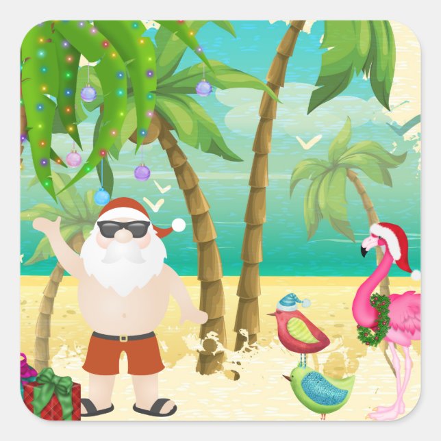 Santa, tropische Vögel, Palmen Treen Strand Weihna Quadratischer Aufkleber (Vorderseite)