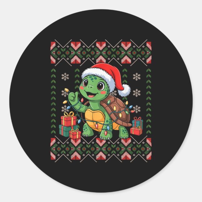 Santa Turtle Christmas Ugly Sweater Funny Holiday  Runder Aufkleber (Vorderseite)