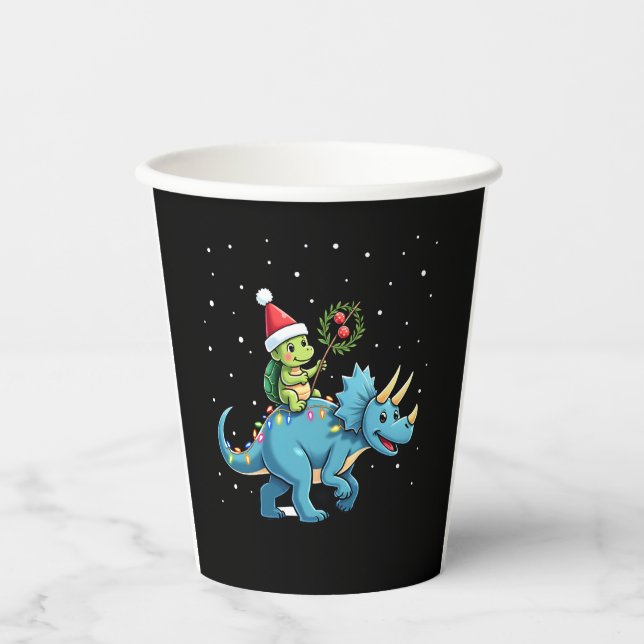 Santa Turtle Riding T-Rex Reindeer Christmas Light Pappbecher (Vorderseite)