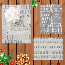 Santa Typografie Chic Gray Kids Name Weihnachten Geschenkpapier Set