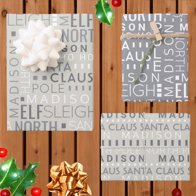Santa Typografie Chic Gray Kids Name Weihnachten Geschenkpapier Set (Add your child's name to this chic gray Santa typography personalized Christmas wrapping paper)