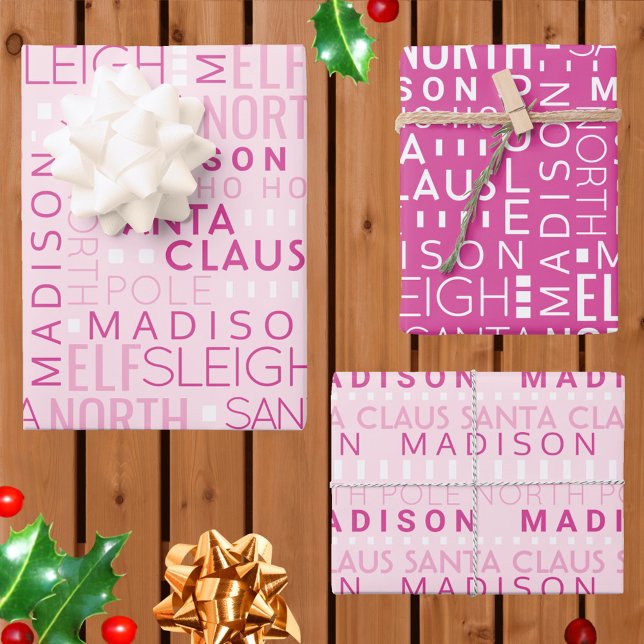 Santa Typografie Chic Pink Kids Name Weihnachten Geschenkpapier Set (Add your child's name to this cute pink Santa typography personalized Christmas wrapping paper)