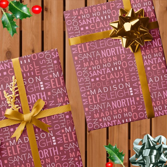 Santa Typografy Burgundy Red Niedlich Add Kinder N Geschenkpapier (Burgundy red and pinks set the tone for this custom Santa word art Christmas wrapping paper)