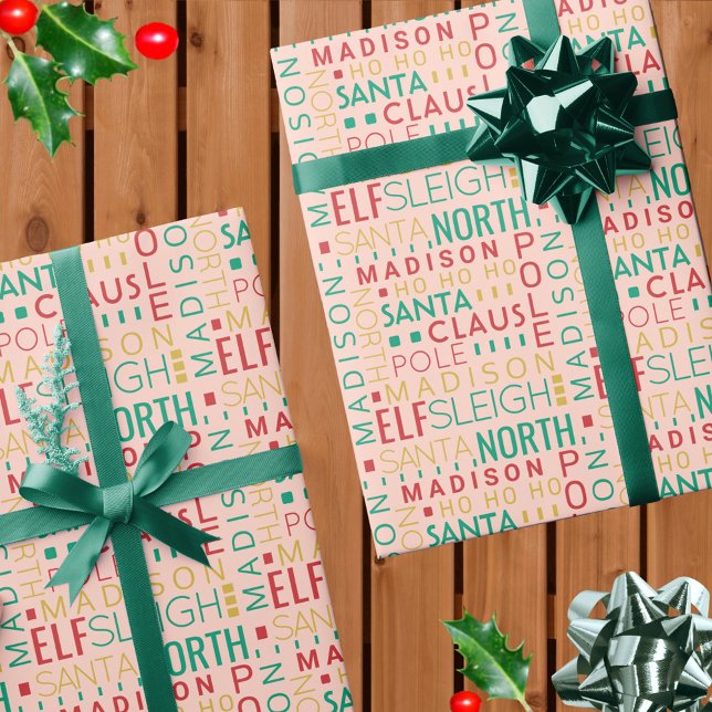Santa Typografy Red Green Niedlich Add Kinder Name Geschenkpapier (Add your child's name to this colorful red, green and gold Santa typography Christmas wrapping paper)