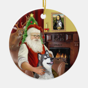 Santa und Alaskan Malamute Keramikornament