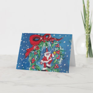 SANTA UND CHRISTMAS NACHT MIT ROTEM RIBBON FEIERTAGSKARTE