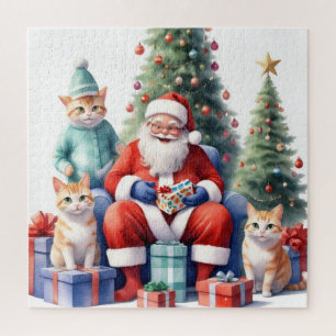 Santa und die Katzenfamilie öffnen Geschenke freud