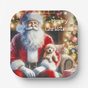 Santa und ein Welpe   Weihnachten Pappteller