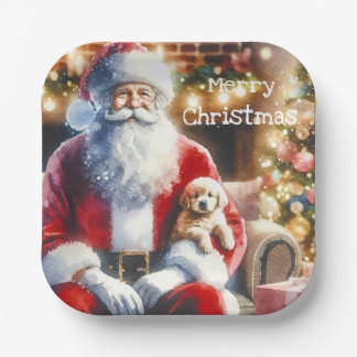Santa und ein Welpe | Weihnachten Pappteller