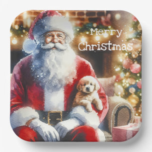 Santa und ein Welpe   Weihnachten Pappteller