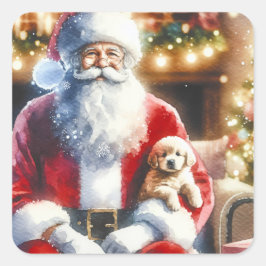 Santa und ein Welpe | Weihnachten Quadratischer Aufkleber