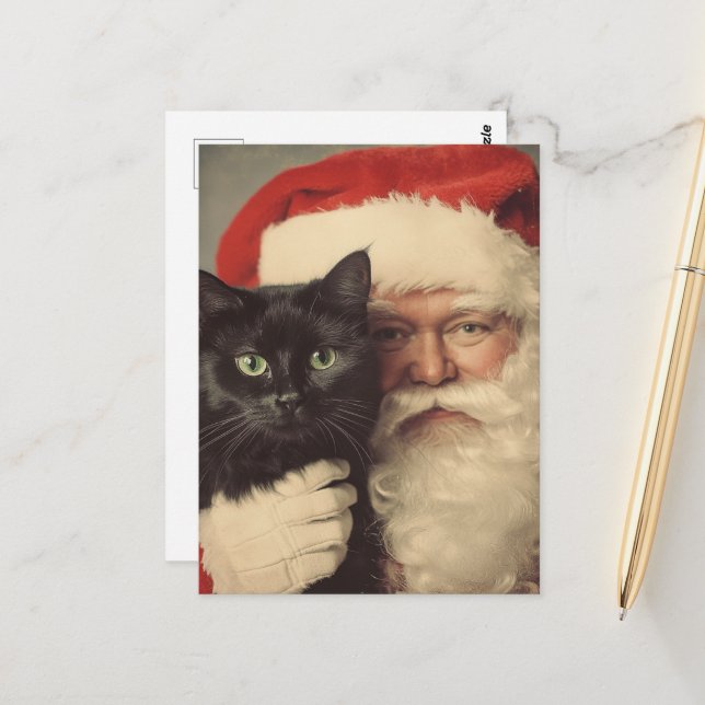 Santa und eine Niedliche schwarze Katze Postkarte (Vorderseite/Rückseite Beispiel)
