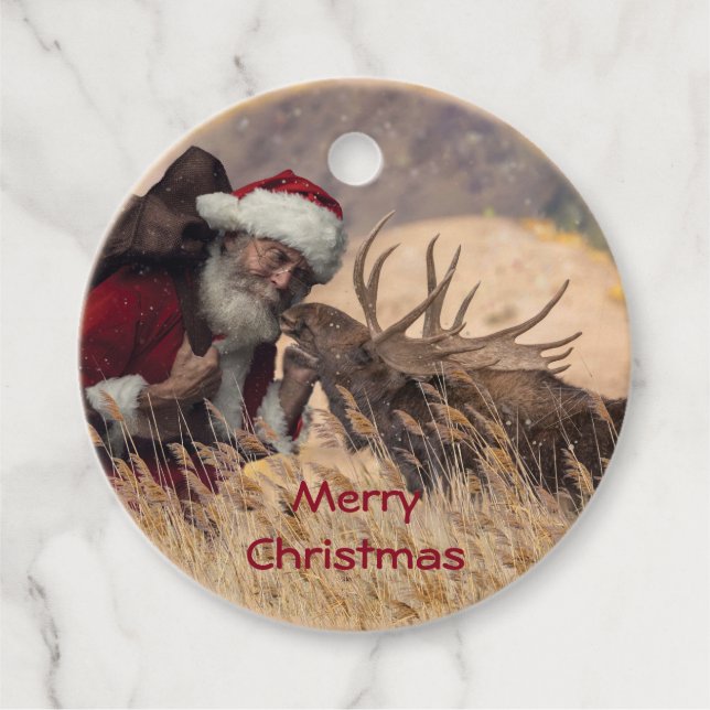 Santa und Elch-Geschenketiketten küssen Geschenkanhänger (Vorderseite)