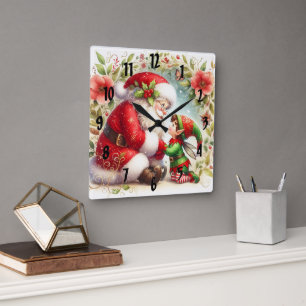 Santa und Elf 6 Quadratische Wanduhr