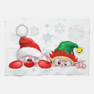 Santa und Elf Niedliche und lustige Charaktere pin Geschirrtuch
