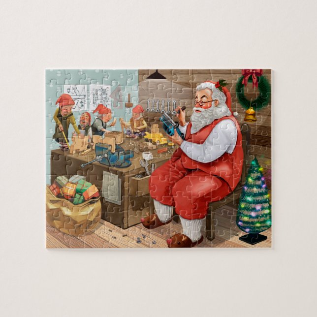 Santa und Elfen, die Spielzeug herstellen| Weihnac (Horizontal)