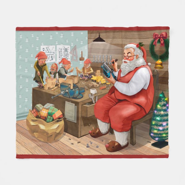Santa und Elves machen Spielzeug | Weihnachten Fleecedecke (Vorderseite (Horizontal))
