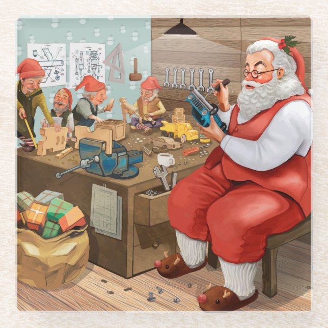 Santa und Elves machen Spielzeug | Weihnachten Glasuntersetzer (Vorderseite)