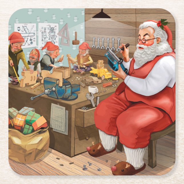 Santa und Elves machen Spielzeug | Weihnachten Rechteckiger Pappuntersetzer (Vorderseite)