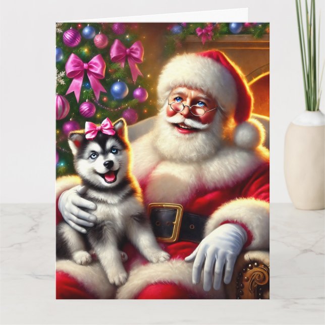 Santa und Husky Welpe mit rosa Bow Karte (Vorderseite)