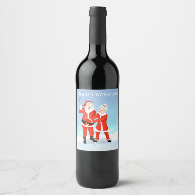 Santa und Mrs. Claus Golf Swing Weinetikett (Vorderseite)