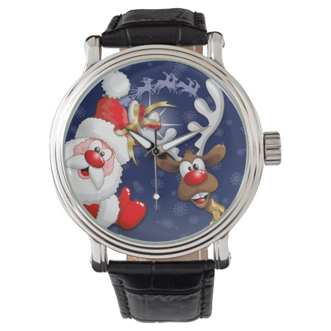 Santa und Reindeer Merry Christmassy Happy Cartoon Armbanduhr (Vorderseite)
