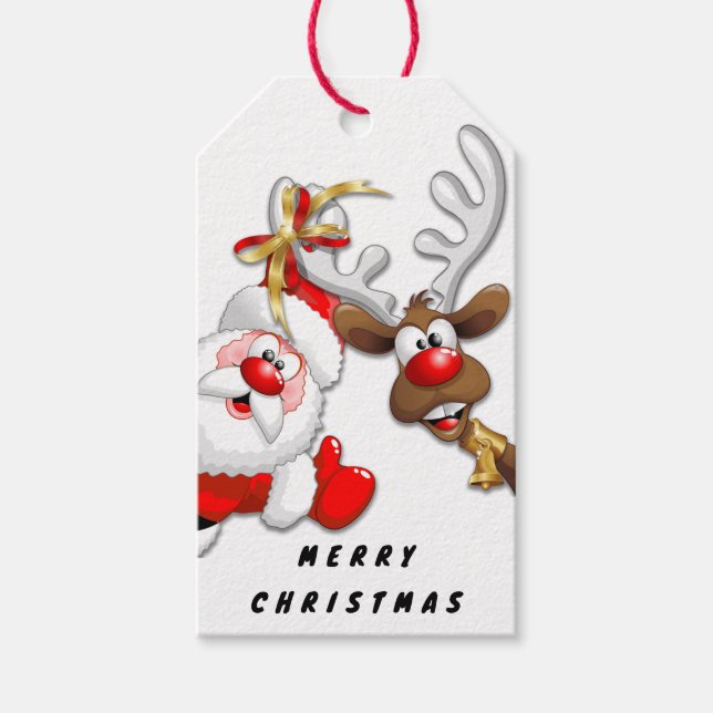 Santa und Reindeer Merry Christmassy Happy Cartoon Geschenkanhänger (Vorderseite)