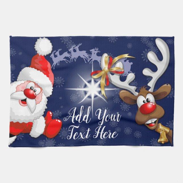 Santa und Reindeer Merry Christmassy Happy Cartoon Geschirrtuch (Horizontal)